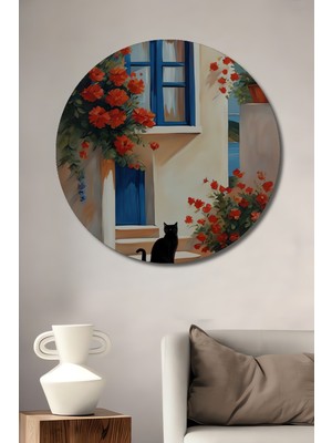 Teona Ahşap Siyah Kedi ve Akdeniz Esintisi Yağlı Boya Görünümlü Ahşap Dekoratif Tablo Yuvarlak Tablo