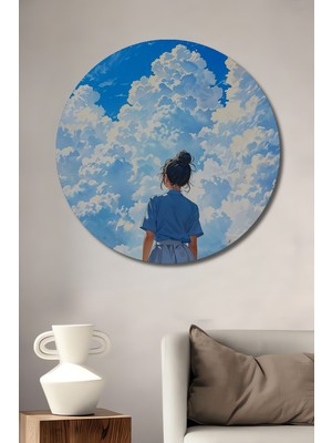 Teona Ahşap Kız Kulesi ve Bulut Manzaralı Sulu Boya Görünümlü Ahşap Dekoratif Tablo Yuvarlak Tablo