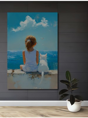 Teona Ahşap Sulu Boya Görünümlü Deniz Manzarası Çocuk ve Kedi Ahşap Dekoratif Tablo Dikdörtgen Tablo