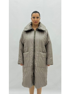 AlanyaXXL Büyük Beden Hakim Yaka Gizli Kapüşonlu Geniş Kalıp Dizaltı Kadın Şişme Kaban