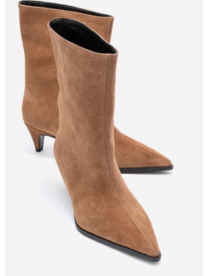 Aleo Toprak Süet Hakiki Deri Sivri Burunlu Kadın Kısa Topuklu Bot