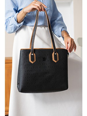 Just Polo Siyah Taba Büyük Boy 2 Bölmeli El ve Omuz Çantası Suni Deri Kapitone Basic Koleksiyonu