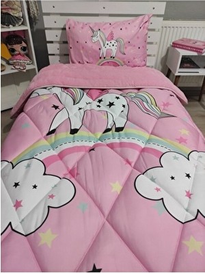 Welsoft Pofuduk Çift Taraflı Pembe Ünicorn Desenli Tek Kişilik Yorgan Uyku Seti Pamuk Polyester