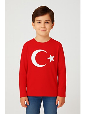 Esila Kids Çocuk Tişört Atatürk ve Türk Bayrağı Baskılı Kırmızı Beyaz Kısa & Uzun Kollu