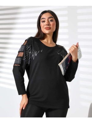 Elaxi Taşlı Tül Detaylı Bisiklet Yaka Bluz
