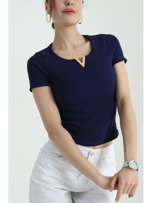 Ribana Classic Kadın V Gold Tokalı Lacivert Kısa Kol T-Shırt