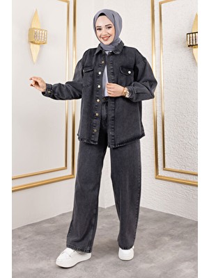 Tesettür Dünyası More Denim Takım Kadın Antrasit Düğmeli Yaka Uzun Kol Regular Fit TSD250101