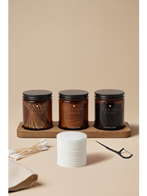 Khakma Ahşap Standlı Amber Cam Banyo Organizer Seti–cotton Buds & Pads & Dental Care Yazılı–3'lü SET/250 ml