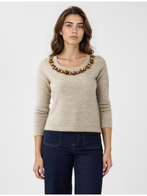 Jimmy Key Vizon U Yaka Uzun Kollu Yaka Işlemeli Triko Kazak