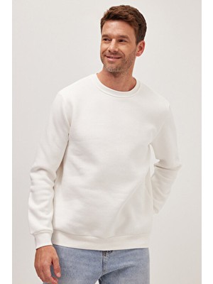 Tudors Unisex Relax Fit Rahat Kesim Pamuklu Yumuşak Dokulu Içi Polarlı Beyaz Bisiklet Yaka Sweatshirt