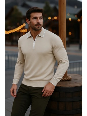 Comstar Erkek Günlük Uzun Kollu Bej Polo Yaka Kazak