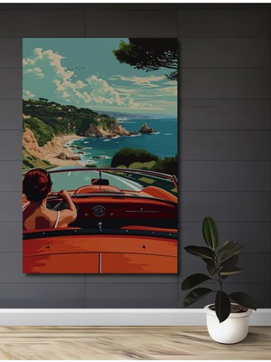 Teona Ahşap Sahilde Araba Süren Kadın Sulu Boya Görünümlü Ahşap Dekoratif Tablo Dikdörtgen Tablo