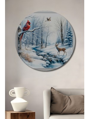 Teona Ahşap Kırmızı Kardinal Kuşu Kış Manzarası Ahşap Dekoratif Tablo Yuvarlak Tablo