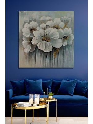 Teona Ahşap Beyaz Çiçekler Yağlı Boya Görünümlü Ahşap Dekoratif Tablo Dikdörtgen Tablo