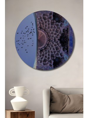 Teona Ahşap Mavi Gökyüzünde Uçuşan Kuşlar Desenli Ahşap Tablo Yağlı Boya Görünümlü Sanat Eseri Yuvarlak Tablo