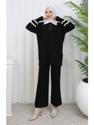 Triko Yaka Detaylı Tunik Pantolon Ikili Takım 1002-01 Siyah