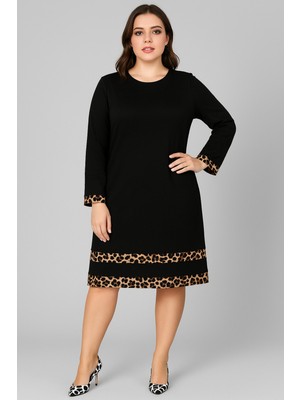 Curvy Trend Büyük Beden Uzun Kol Viskon Elbise Leopar Garnili A Form Günlük Stil