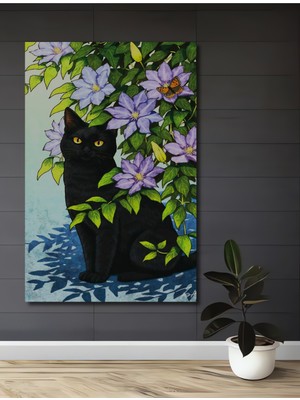 Teona Ahşap Siyah Kedi ve Çiçekler Sulu Boya Görünümlü Ahşap Dekoratif Tablo Dikdörtgen Tablo