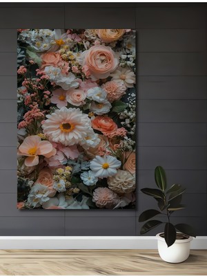 Teona Ahşap Pastel Pembe Şakayik Gül Buketi Yağlı Boya Görünümlü Ahşap Dekoratif Tablo Dikdörtgen Tablo