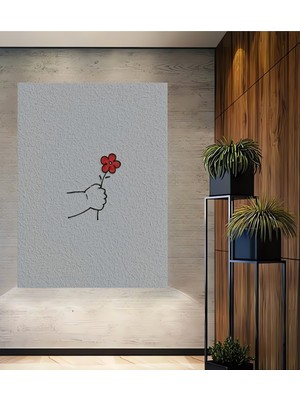 Teona Ahşap Elinde Kırmızı Çiçek Tutulan Minimalist Siyah Çizgi Tablo Sulu Boya Görünümlü Dikdörtgen Tablo