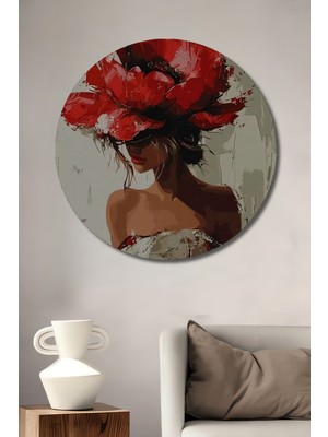 Teona Ahşap Kırmızı Çiçek Başlı Kadın Yağlı Boya Görünümlü Dekoratif Ahşap Tablo Yuvarlak Tablo