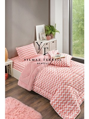ChicMaison Tek Kişilik Pofuduk Uyku Seti Wellsoft Materyal Geometrik Desen Lastikli Çarşaflı Pudra Zigzag