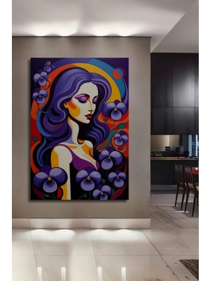 Teona Ahşap Mor Sümbüllerle Gızemlı Kadın Yağlı Boya Görünümlü Ahşap Dekoratif Tablo Dikdörtgen Tablo