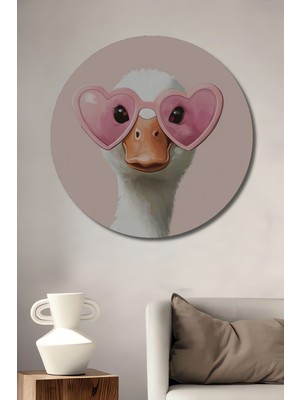 Teona Ahşap Sevimli Ördek Kalpli Gözlük Yağlı Boya Görünümlü Ahşap Dekoratif Tablo Yuvarlak Tablo