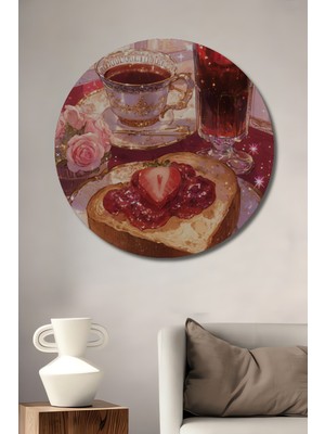 Teona Ahşap Çilekli Kahvaltı Şöleni Sulu Boya Görünümlü Dekoratif Ahşap Tablo Yuvarlak Tablo