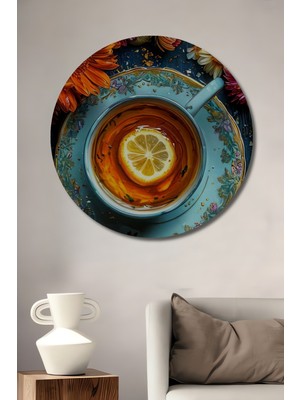 Teona Ahşap Renkli Çiçekler Arasında Çay Keyfi Yağlı Boya Görünümlü Ahşap Dekoratif Tablo Yuvarlak Tablo