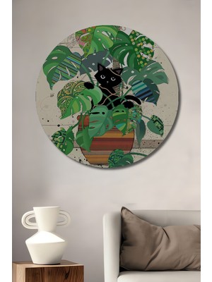 Teona Ahşap Sevimli Kedi ve Monstera Bitkisi Yağlı Boya Görünümlü Dekoratif Ahşap Tablo Yuvarlak Tablo