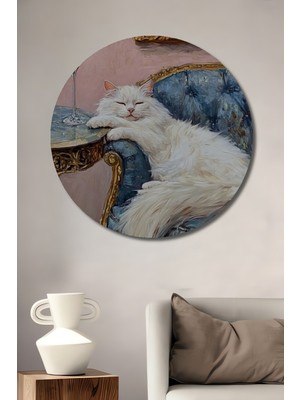 Teona Ahşap Sevimli Kedi ve Martinili Yağlı Boya Görünümlü Dekoratif Ahşap Tablo Yuvarlak Tablo