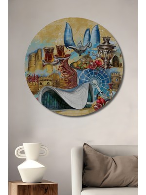 Teona Ahşap Bakü Şehri Sulu Boya Görünümlü Ahşap Dekoratif Tablo Yuvarlak Tablo