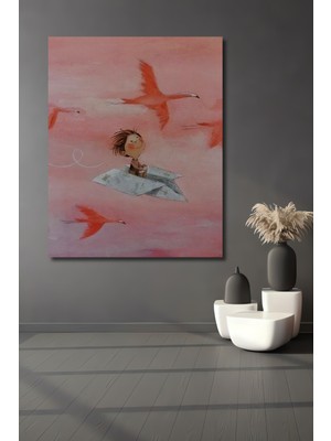 Teona Ahşap Uçan Çocuk ve Flamingo Sürüsü Sulu Boya Görünümlü Ahşap Dekoratif Tablo Dikdörtgen Tablo
