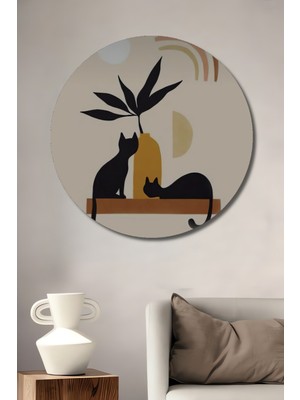 Teona Ahşap Gızemlı Iki Kedi Modern Soyut Sanat Ahşap Dekoratif Tablo Yuvarlak Tablo