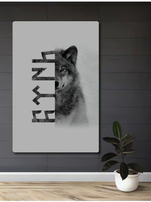 Teona Ahşap Bozkurt ve Göktürkçe Yazılı Kara Kalem Görünümlü Ahşap Dekoratif Tablo Dikdörtgen Tablo