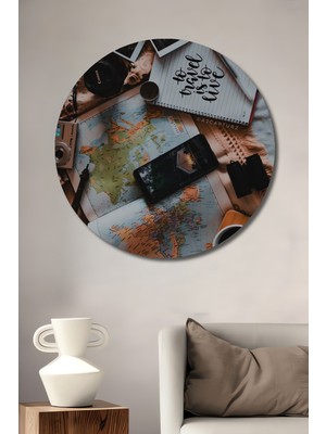 Teona Ahşap Seyahat Temalı Ahşap Dekoratif Tablo Yağlı Boya Görünümlü Sanat Eseri Yuvarlak Tablo