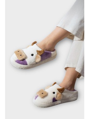 Liger Inek Figürlü Nakışlı Kaydırmaz Taban Kışlık Unisex Ev Terliği Beyaz-Mor