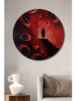 Teona Ahşap Kırmızı Gözler Merdiveni Yağlı Boya Görünümlü Ahşap Dekoratif Tablo Yuvarlak Tablo