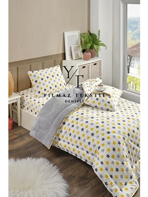 ChicMaison Sarı Yıldız Desenli Tek Kişilik Pofuduk Uyku Seti Wellsoft Materyal Lastikli Çarşaflı