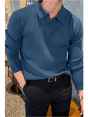 Tarz Cool Saks Erkek Polo Yaka Fitilli Triko Kazak