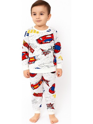 Erkek Çocuk Iki Iplik Pamuklu Şardonlu Beyaz Renk Araba Desenli Uzun Kollu Pijama Takımı