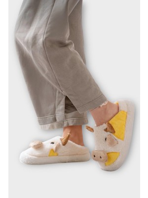 Liger Inek Figürlü Nakışlı Kaydırmaz Taban Kışlık Unisex Ev Terliği Beyaz - Sarı