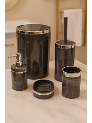 Makri Home 5 Parça Akrilik Banyo Seti, Şık ve Kaliteli Akrilik, Gümüş Renk Detaylı, Gri Mermer Desen