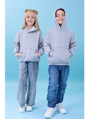 Perendi Unisex Kapüşonlu Kanguru Cepli Şardonlu Kışlık Sweatshirt - Gri
