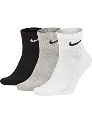 Nike 3 Çift Sporcu Çorap Medium Çok Renkli (Beyaz Siyah Gri) Unisex Rahat Kullanım İçin