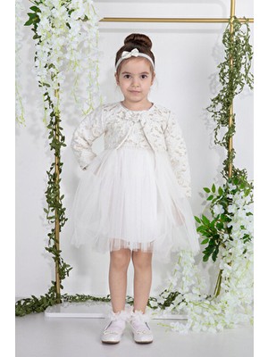 Minimony 1-5 Yaş Kız Çocuk Çiçek Jakarlı Bolerolu Bayramlık Gelinlik Abiye Elbise 2'li Takım Ekru 2007