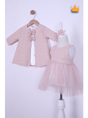 Minimony 0-24 Ay Kız Bebek Ince Mantolu Bayramlık Gelinlik Abiye Saç Bandı Ceket Elbise 3'lü Takım 1070