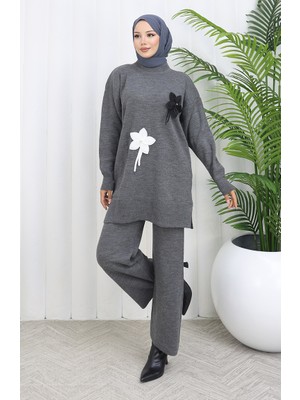 Triko Çiçekli Tunik Pantolon Ikili Takım 1077-04 Gri