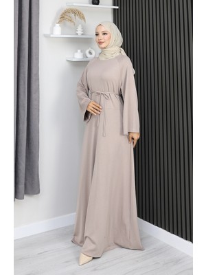 Oysho Kumaş Kuşaklı Tesettür Elbise 2162-02 Bej